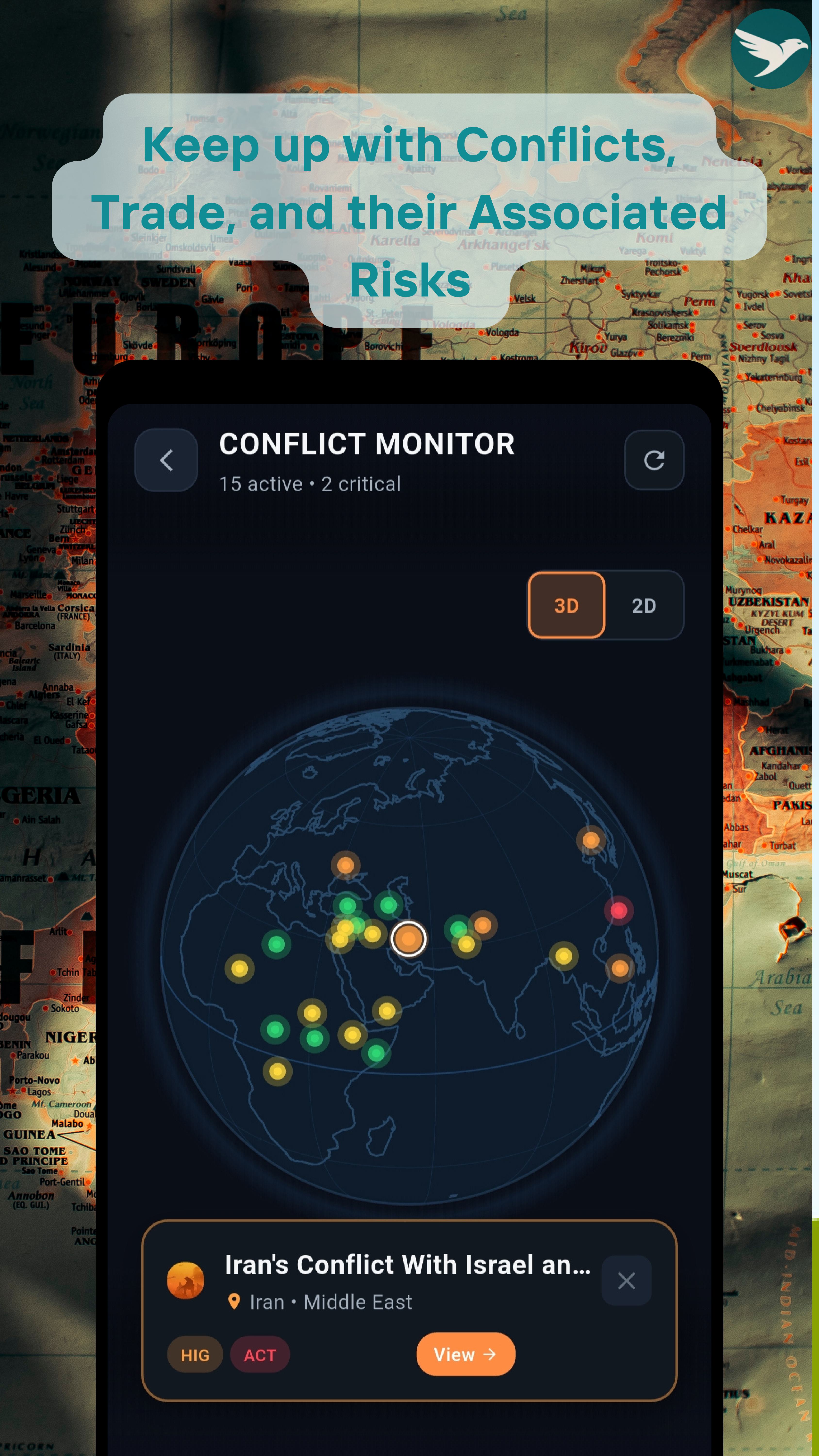 InSnaps real-time conflict map showing 30+ active global conflicts with severity indicators