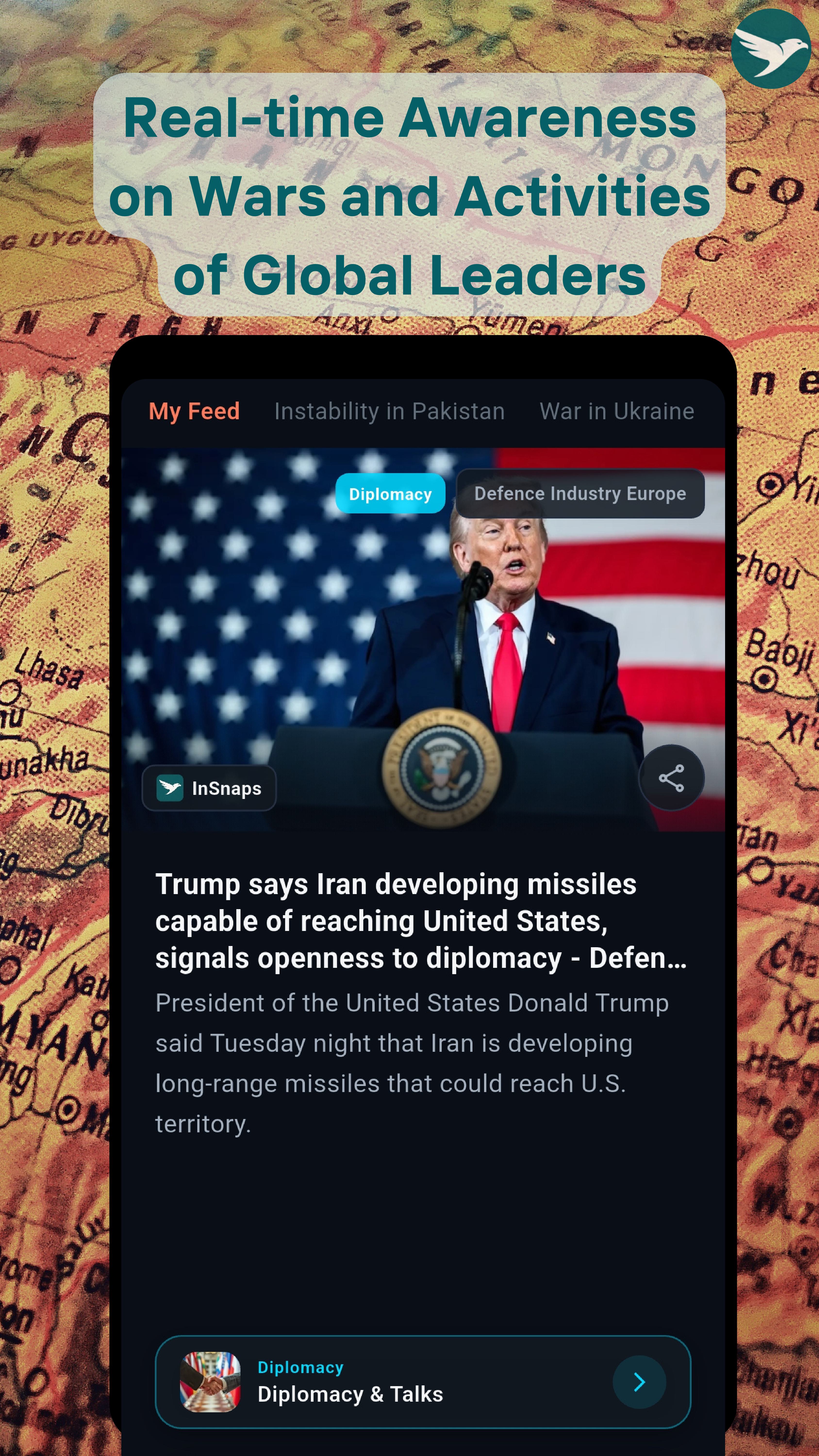 InSnaps personalized news feed with ranked geopolitics articles from Reuters, BBC, Al Jazeera
